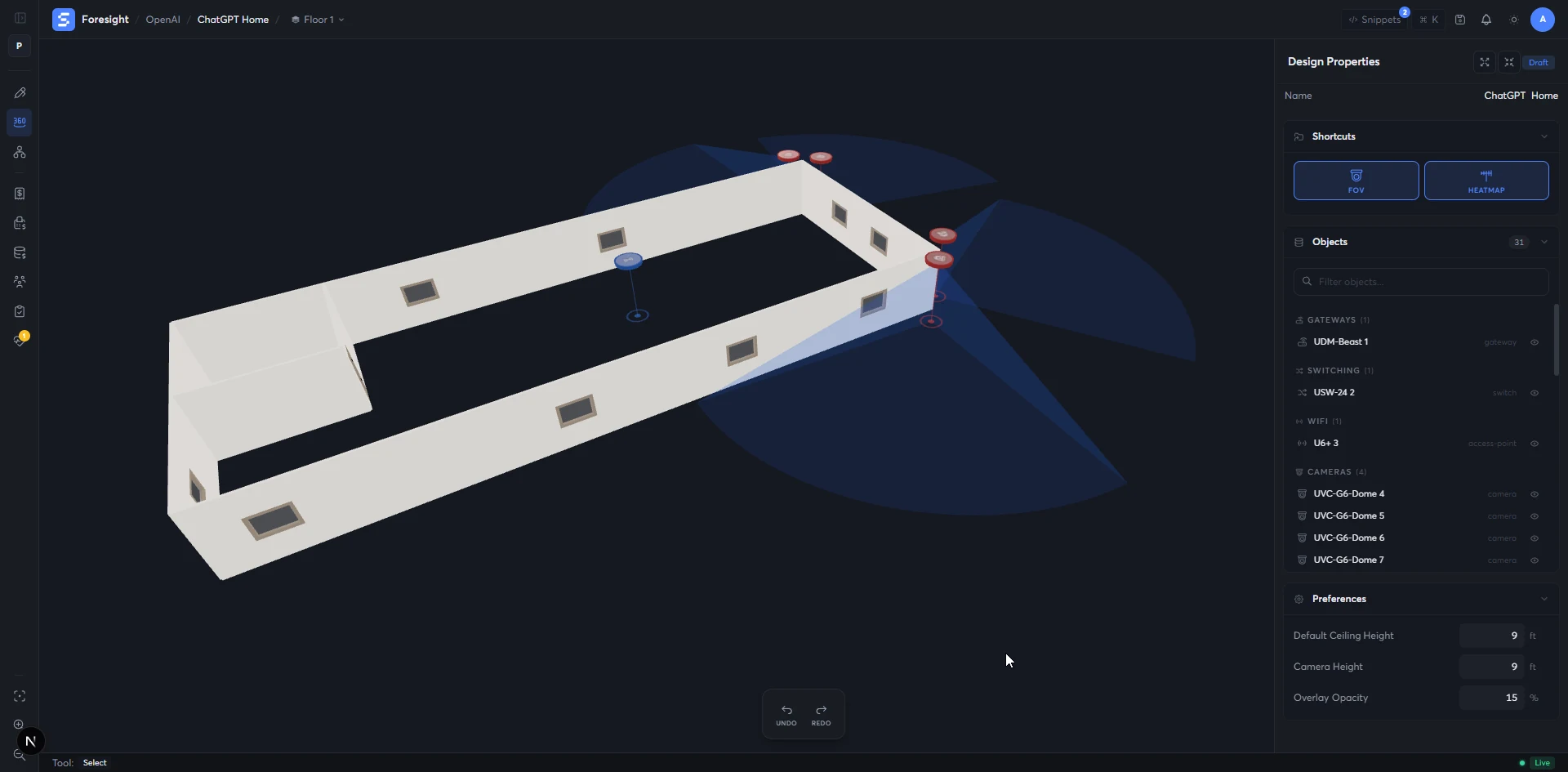 3D view of the floor with cameras showing field of view