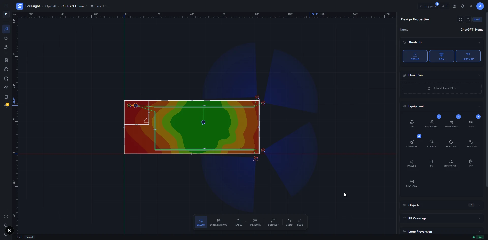 WiFi coverage map with antenna patterns shaped by walls